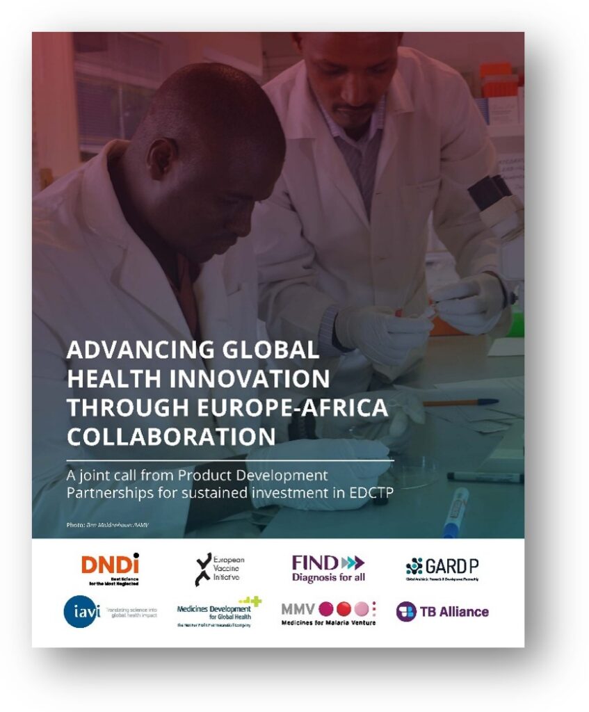 Cover page for a Product Development Partnership (PDP) report titled "Advancing Global Health Innovation through Europe-Africa Collaboration"